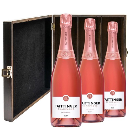 Taittinger Rose Champagne 75cl Treble Elm Wood Gift Boxed Champagne (3x75cl)